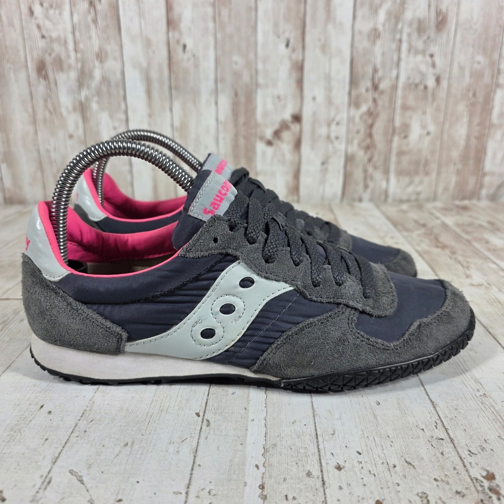 Saucony Bullet Womens Charcoal Grey Pink Suede Nylon Sneakers S1943-149 Size 8.5